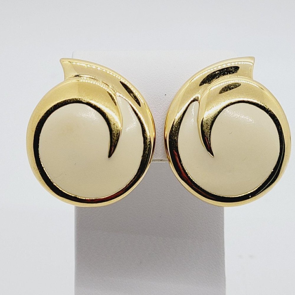 Vintage Monet Gold Cream Enamel Post Earrings Swirl Retro Signed 1.25" EUC